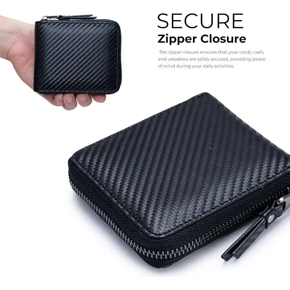 Men's Bifold Black Wallets Card Slot Secure Zipper Closure Holder Leather Style